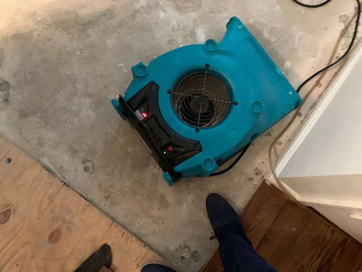 Air mover drying subfloor during Leak Detection & Repair in Nevada